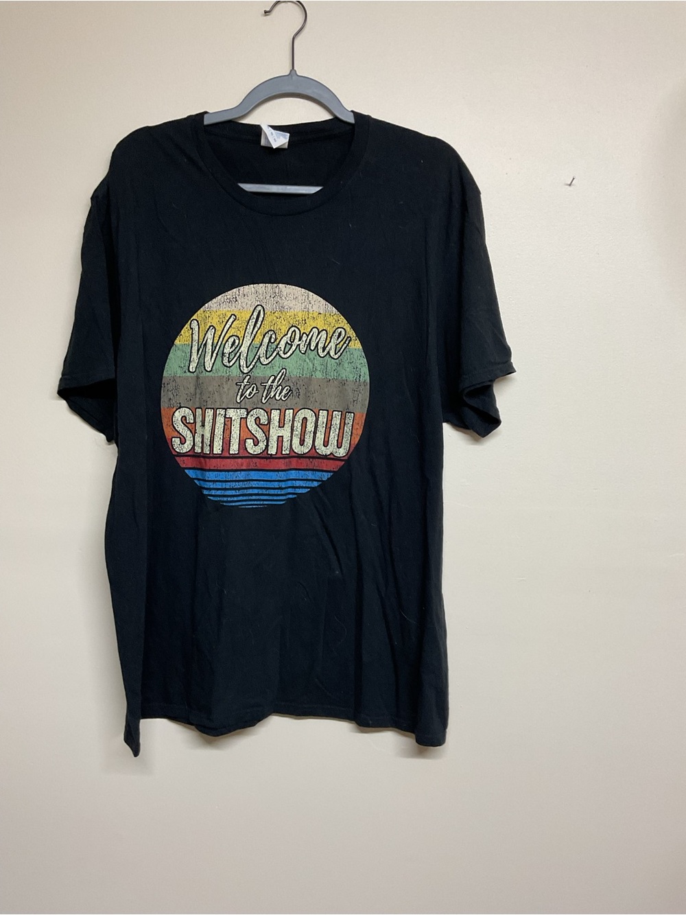 Port and Company Black Short-Sleeve Tee with Retro Multicolor Circle Graphic